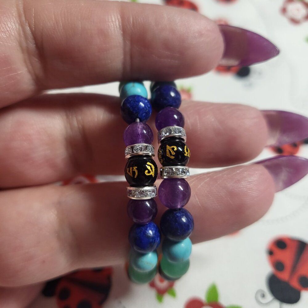 Multi Gemstone Beaded J-Hoop Chakra Stainless Steel Earrings - Picture 3 of 4